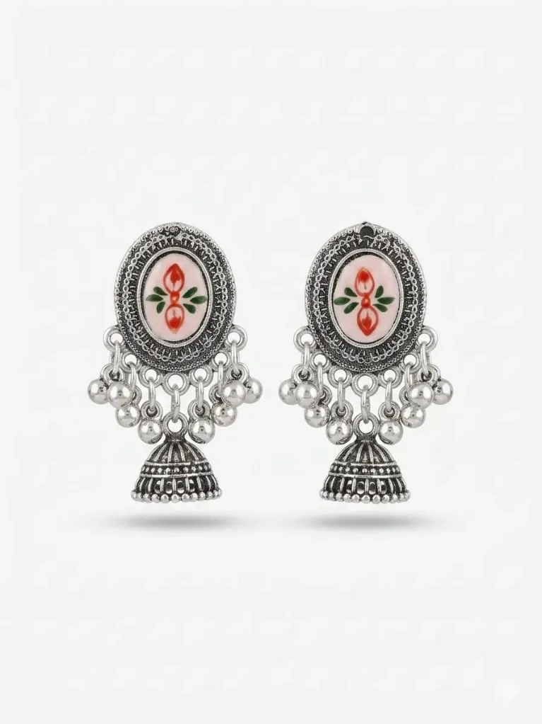 Antique Silver Floral Jhumka Earrings – Hand-Painted Meenakari Statement Drops