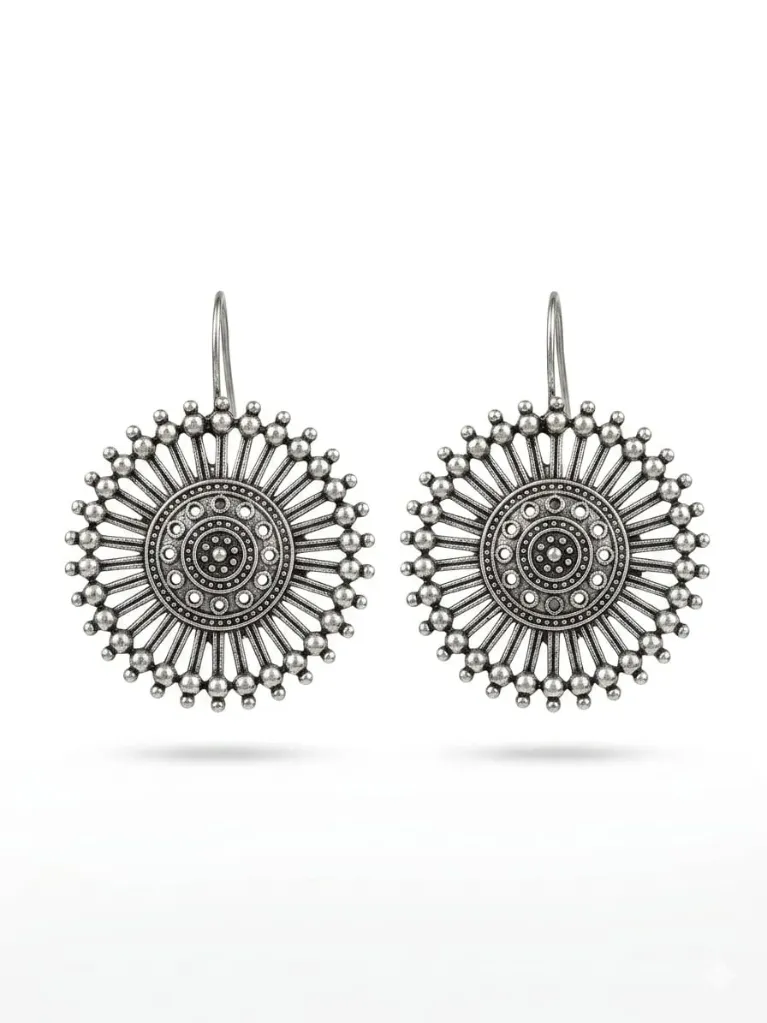 Antique Oxidized Silver Sunburst Mandala Drop Earrings