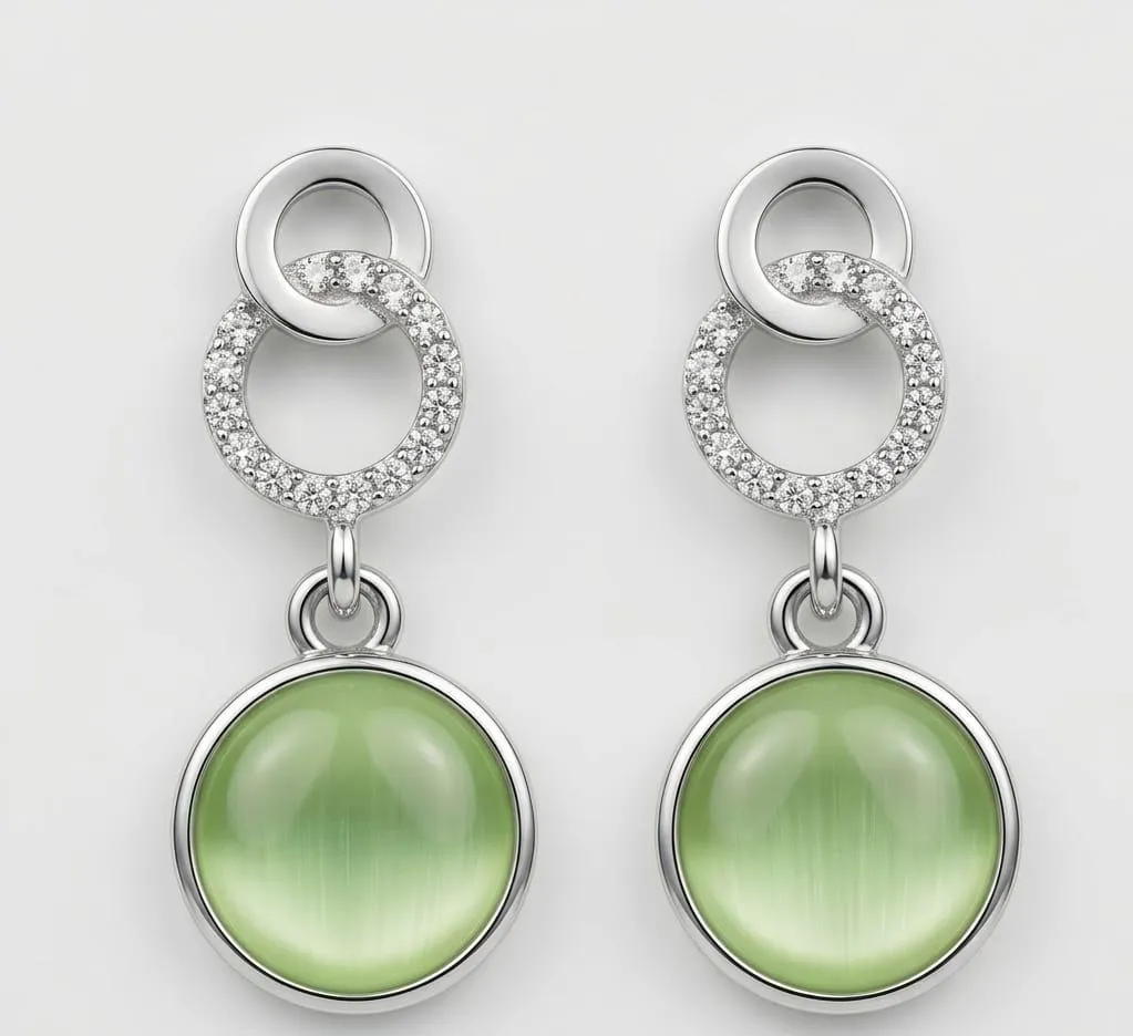 Luminous Sage Green Cat-Eye Drops – Interlocking Crystal Circle Earrings