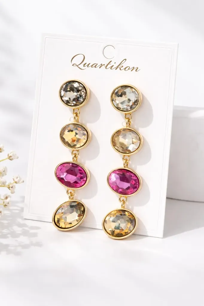 Aurora Tiered Crystal Drop Earrings – Champagne & Fuchsia Statement Dangles