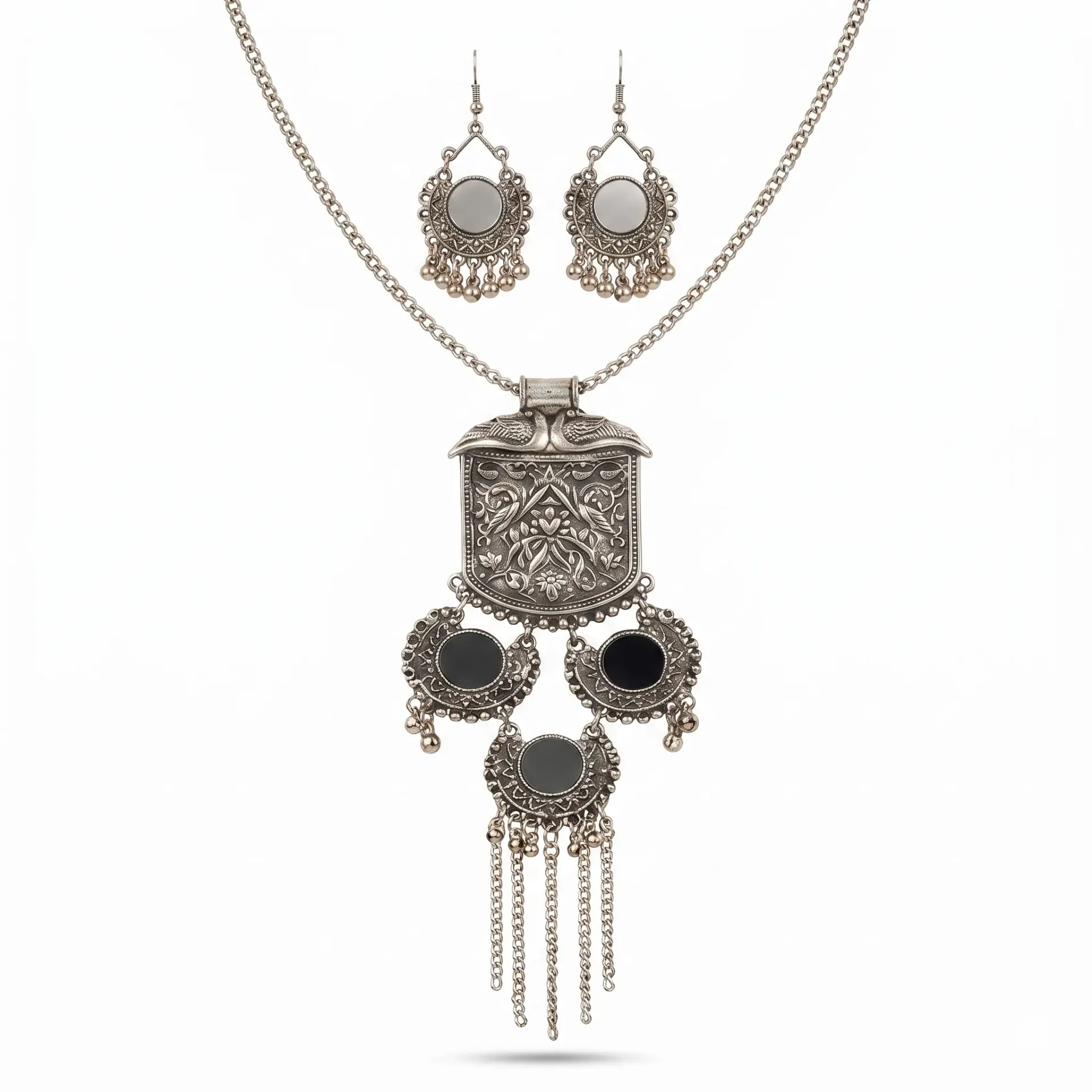 Timeless Silver Oxidised Jewelry Set with Earrings | Elegant Ethnic Statement Piece