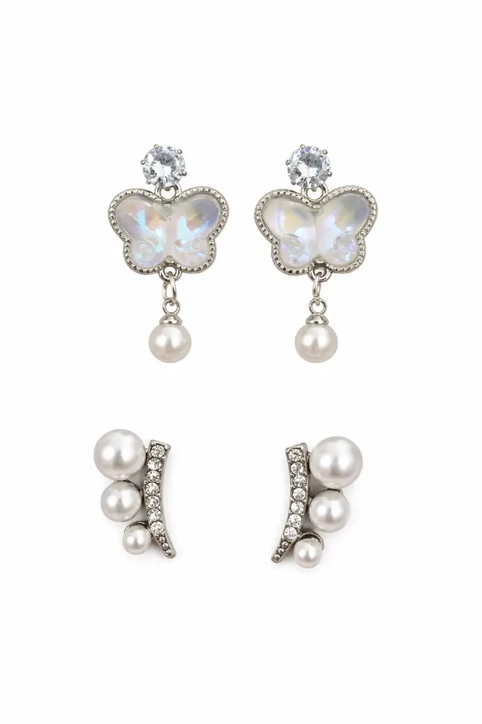 Iridescent Butterfly & Graduated Pearl Earring Set – 2-Piece Silver-Tone Combo