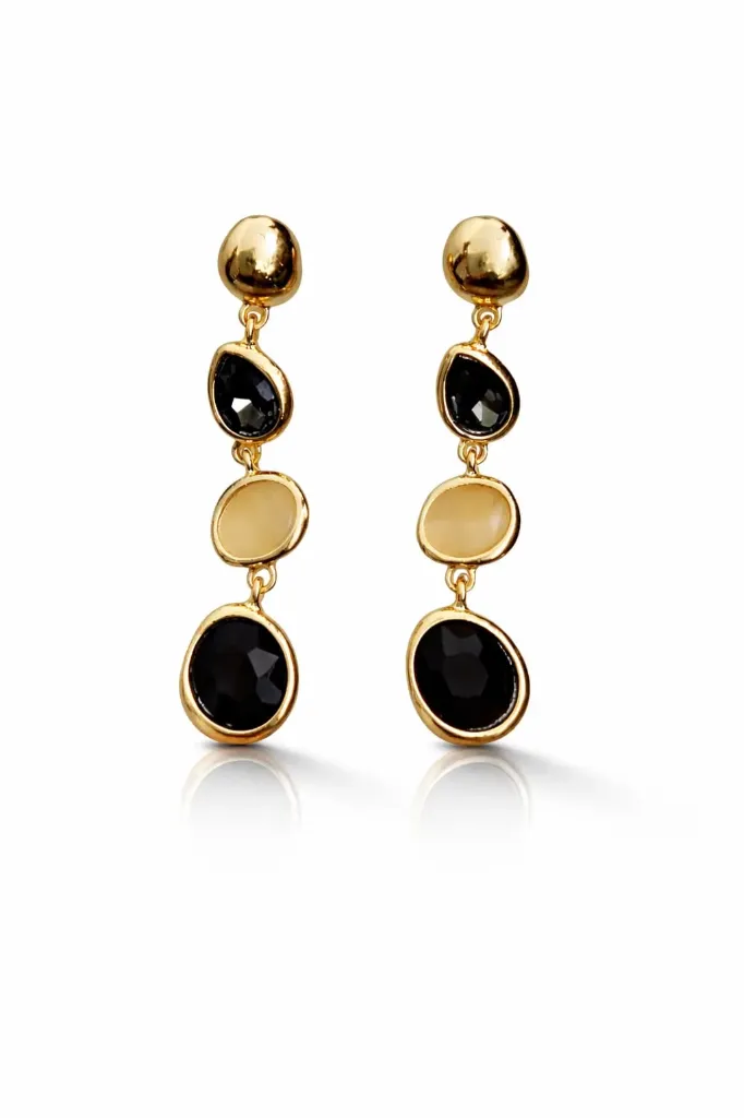 Faceted Onyx & Bone-Tone Tiered Pebble Earrings – Gold Statement Drops